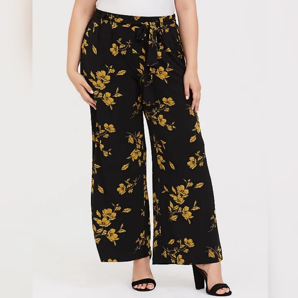 Torrid Floral Studio Knit Wide Leg Belted Pants Black Yellow Plus Size 2X